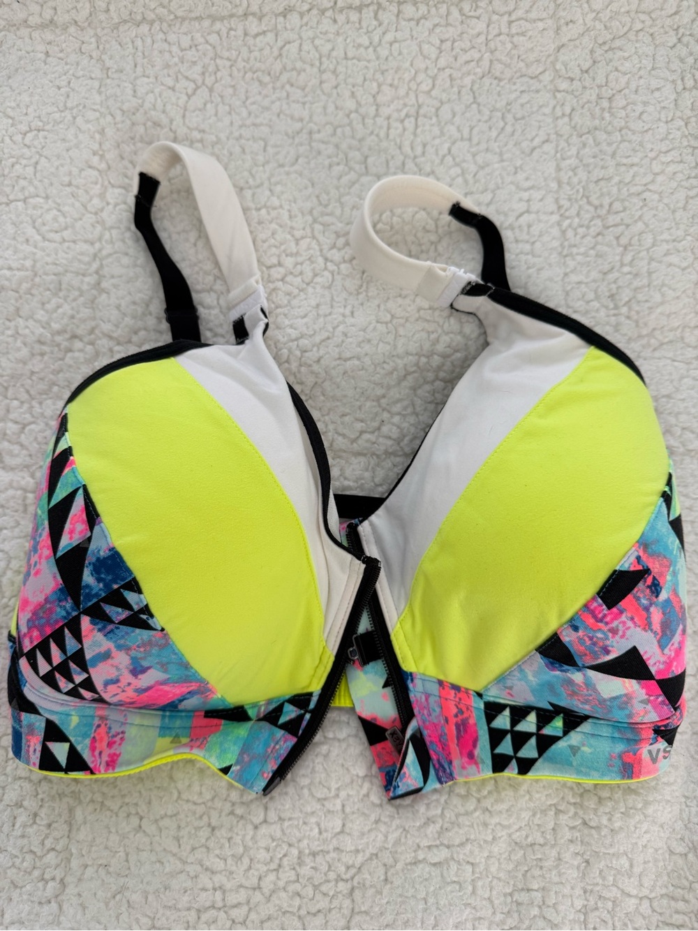 Victoria's Secret Neon Yellow & Multi-Print Zip-Front Swim Top